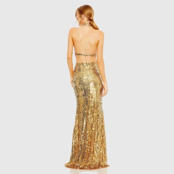 NWT $798 MAC DUGGAL Gold Open Back High Neck Sequin Gown DRESS MAXI LONG 93976 - Picture 4 of 7